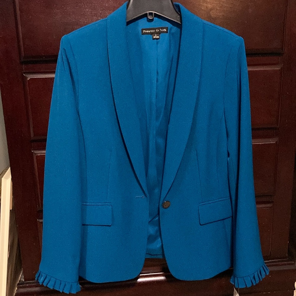 Dressy teal blazer with ruffle hem sleeve